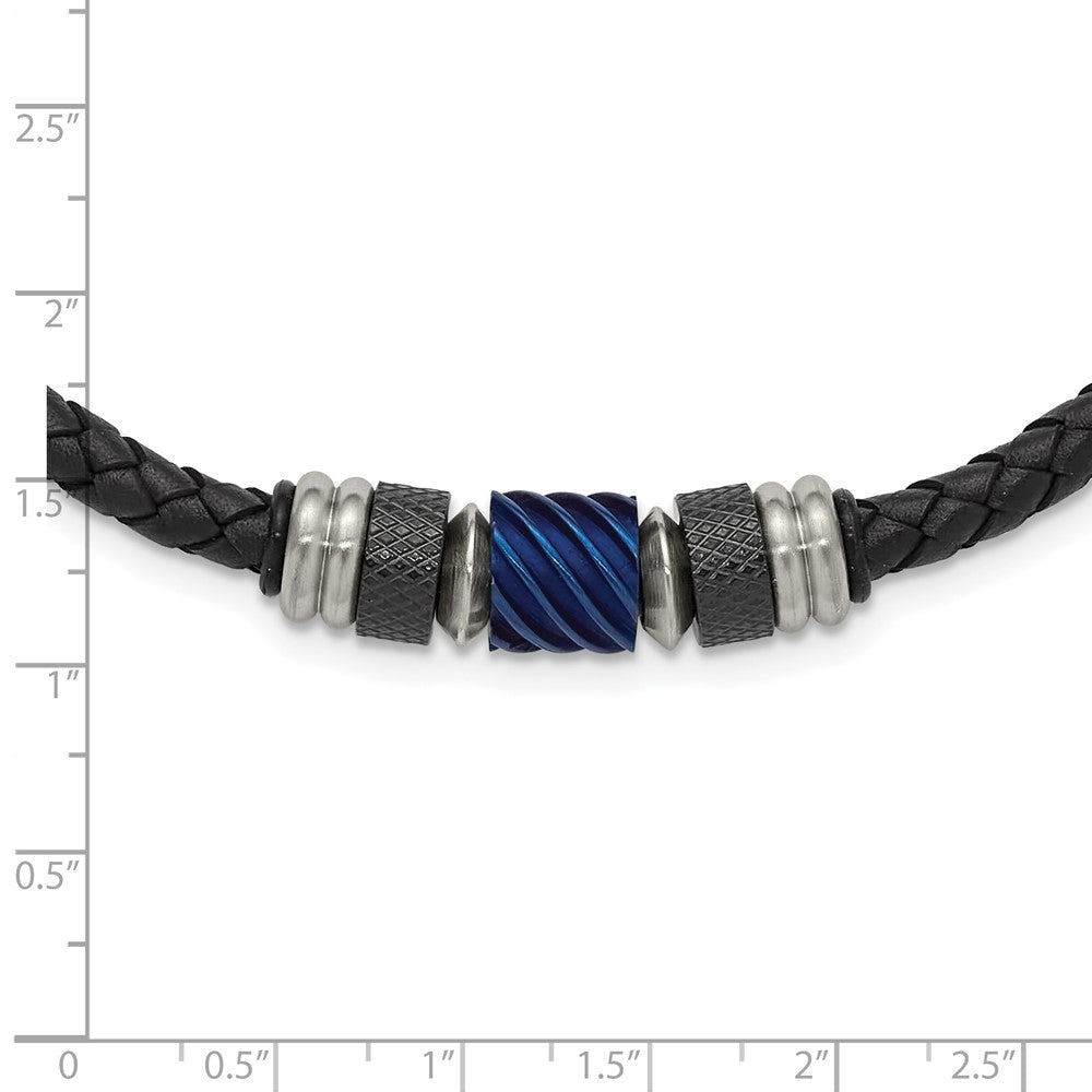 Stainless Steel Brushed/Polished Blk/Blue IP Blk Rubber Leather Neck