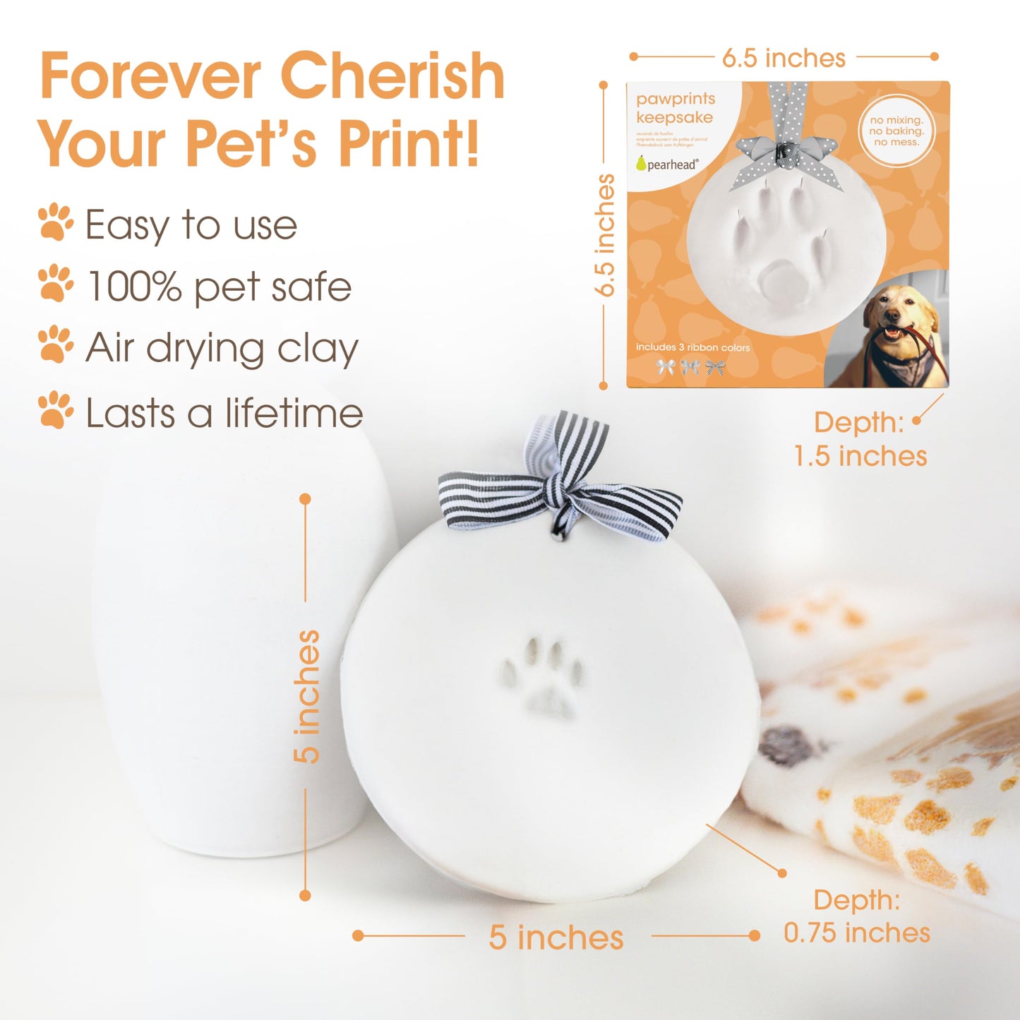 Pearhead Pet Pawprint Keepsake Kit for Dogs or Cats, Includes Impression Material, 5”Wx5”H