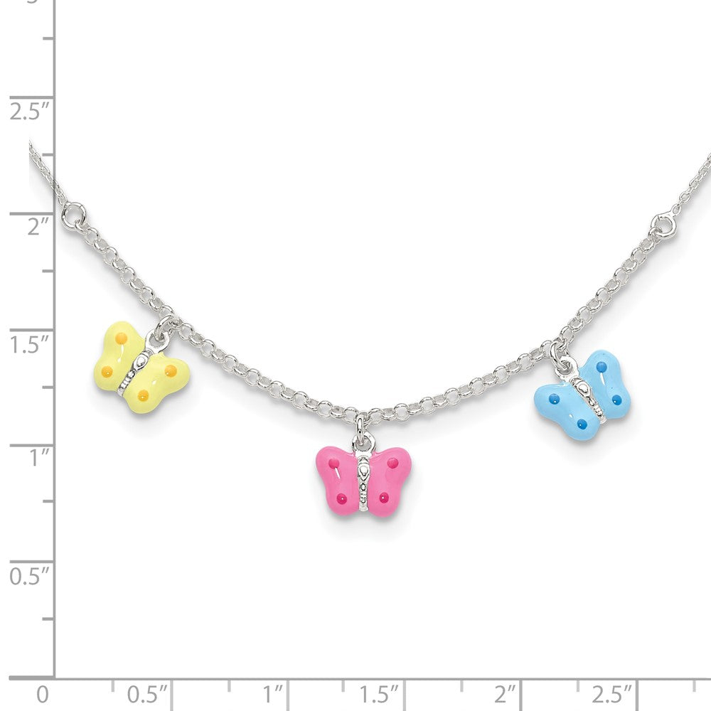 Sterling Silver Polished Yellow, Pink and Blue Enameled Three Butterfly Children's Necklace 14 Inches