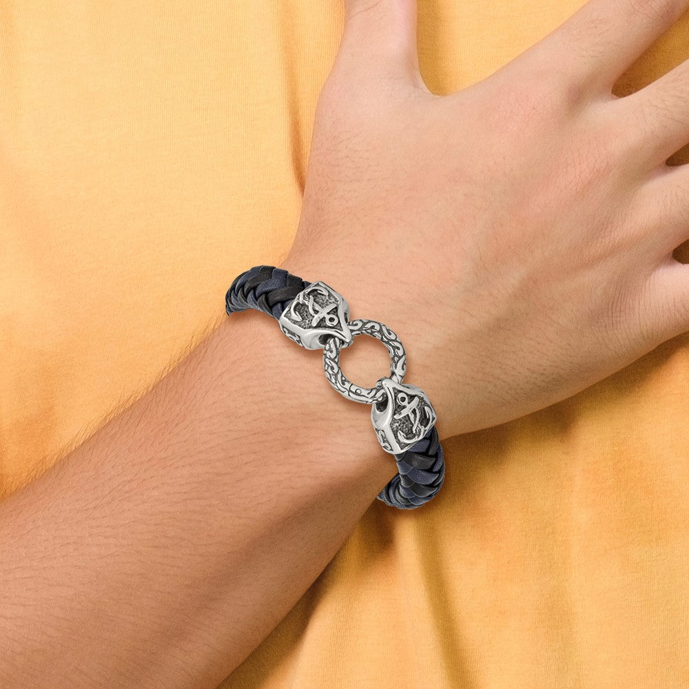 Stainless Steel Antiqued and Polished Black/Blue Leather 8.25in Bracelet 8.25 inches