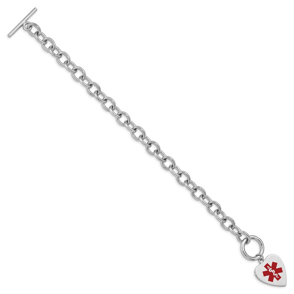 Sterling Silver Rhodium Engraveable Enamel Heart Medical ID Bracelet 7.75 inches