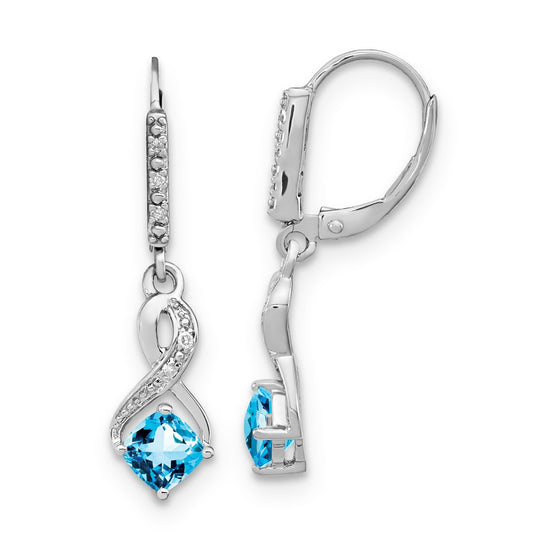 Sterling Silver Blue Topaz & Diamond Leverback Dangle Earrings