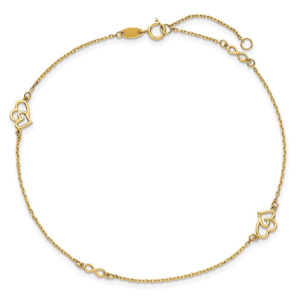 14k Polished Double Hearts and Infinity 9 inch with 1 inch Extension Anklet