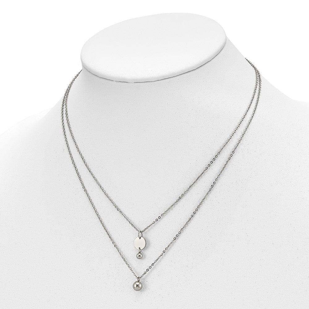 Stainless Steel Polished 2 Strand Disc & Beads 16.5in w/2in ext Necklace