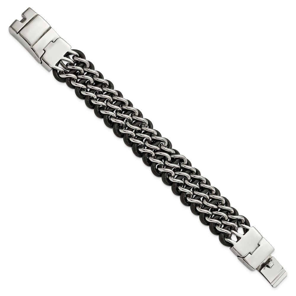 Stainless Steel Polished Black Leather 8.75in Bracelet 8.75 inches
