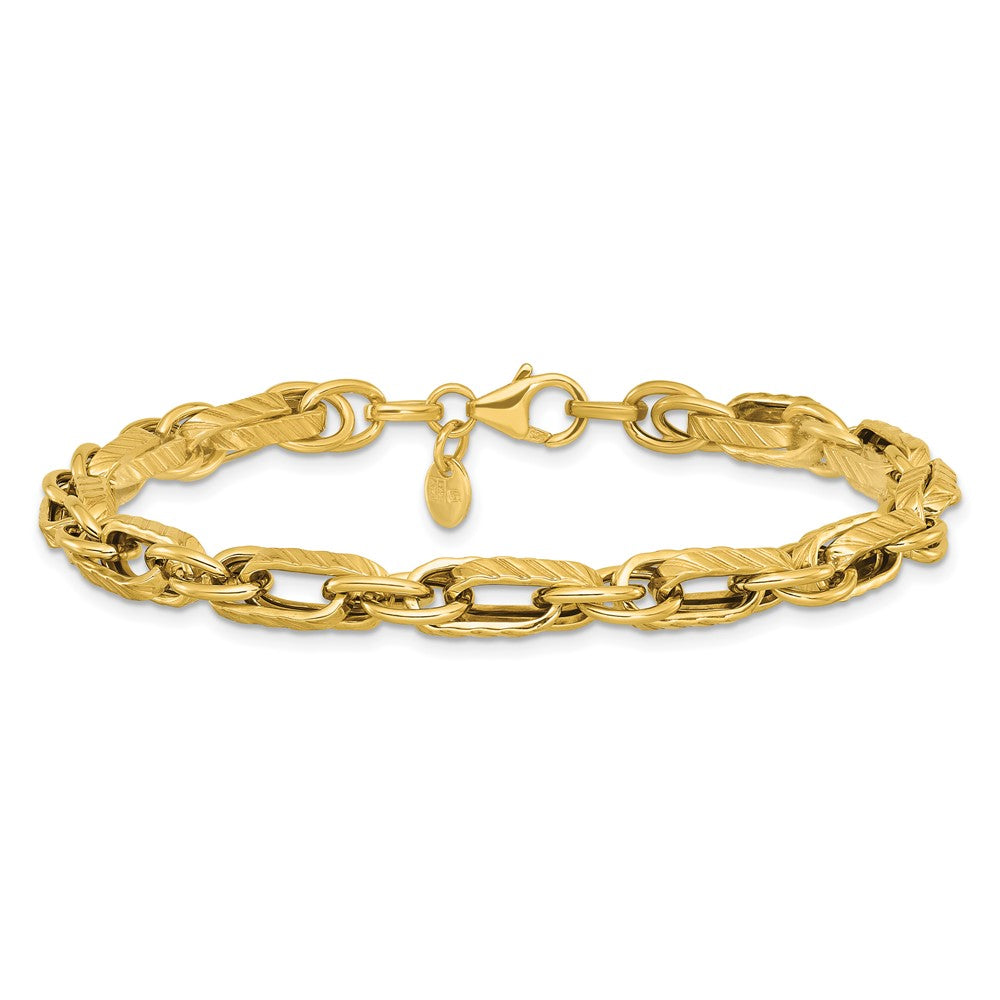 14K Polished and Grooved Fancy Link Bracelet 7.75  inches