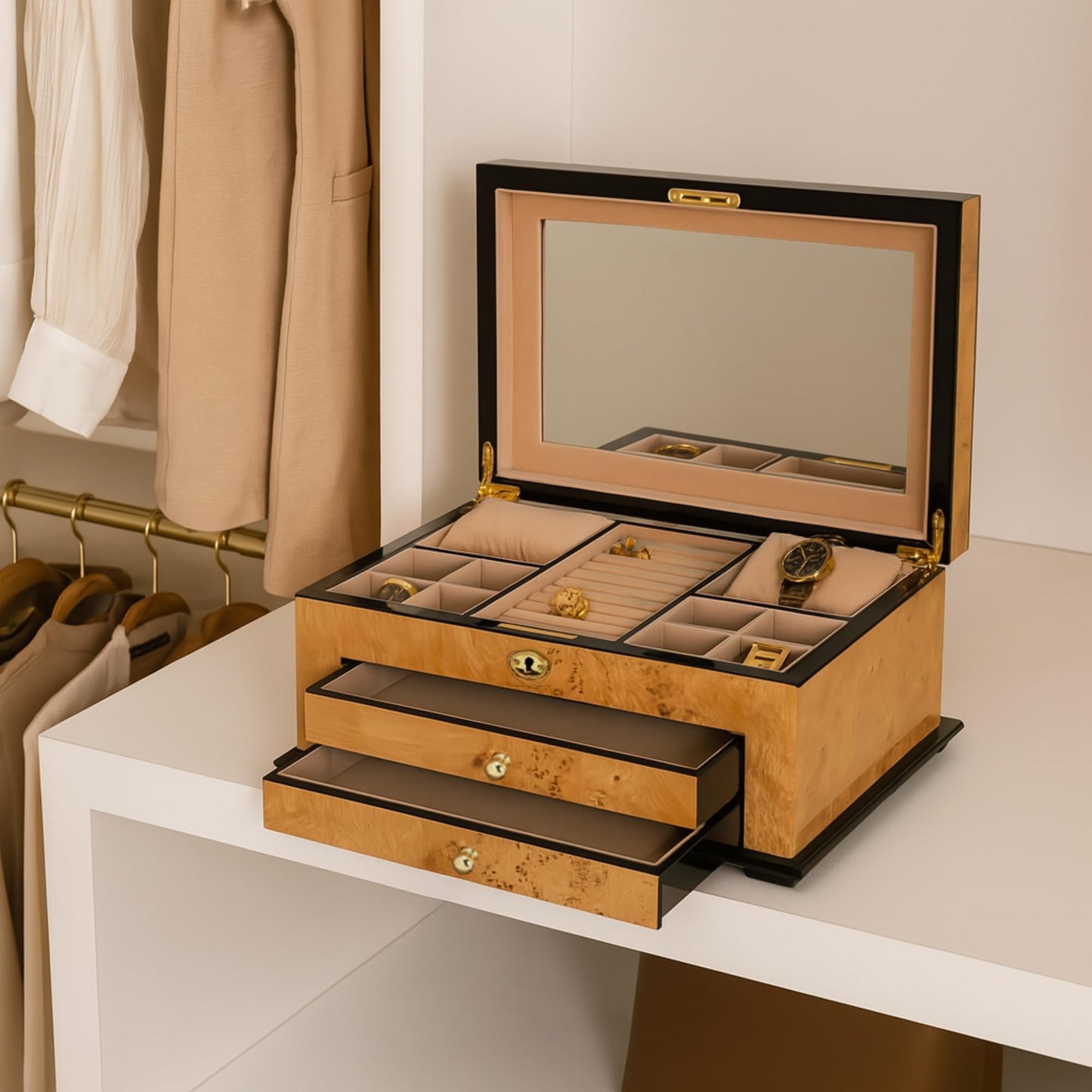Birdseye Maple Lacquered Wood 3 Level Jewelry Box