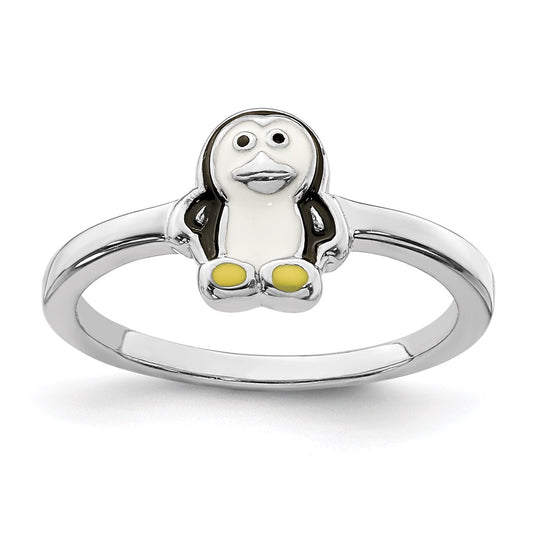 Sterling Silver Rhodium-plated Childs Enameled Penguin Ring