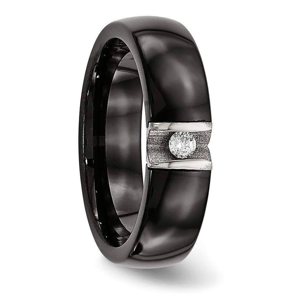 Stainless Steel Polished & Laser Cut Black Ceramic CZ Ring Size - 5