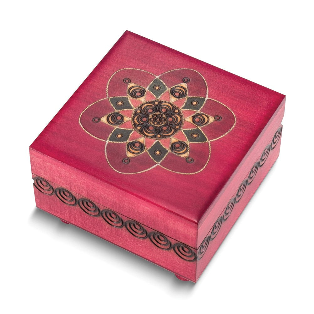 Handcrafted Solid Wood Red Floral Carved and Painted Secret Puzzle Box