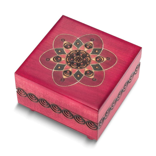 Handcrafted Solid Wood Red Floral Carved and Painted Secret Puzzle Box