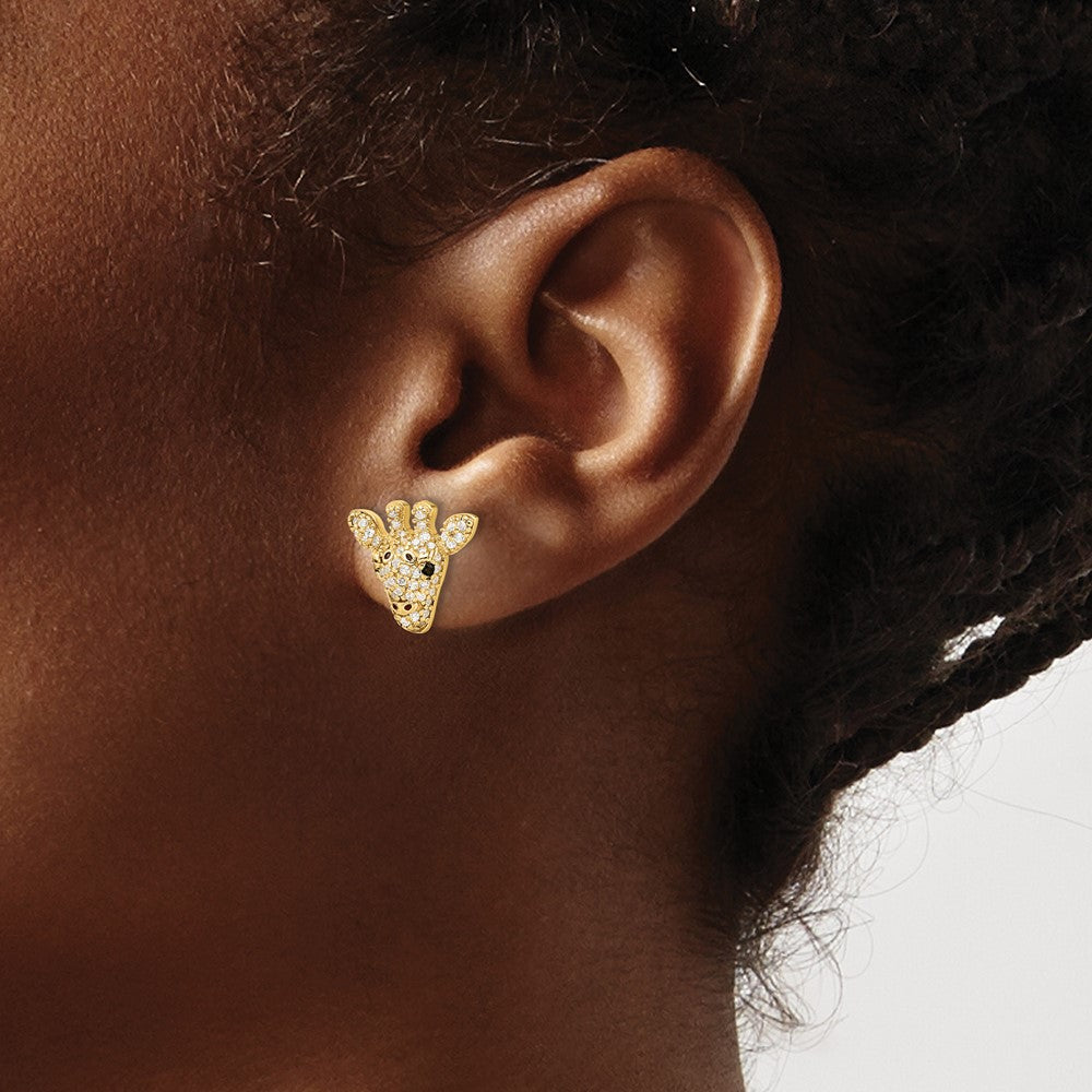 Cheryl M Sterling Silver Gold-plated Polished Black and White CZ and Black Enamel Giraffe Post Earrings
