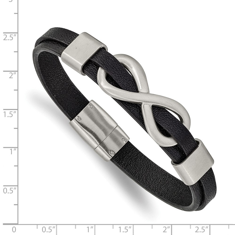 Stainless Steel Brushed & Polished Black Leather Infinity Sign Bracelet 8 inches