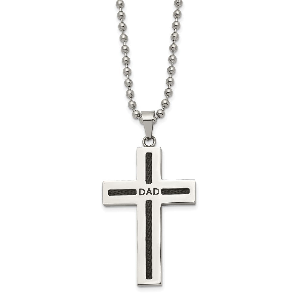 Stainless Steel Polished Black IP-plated Cable DAD Cross 24in Necklace
