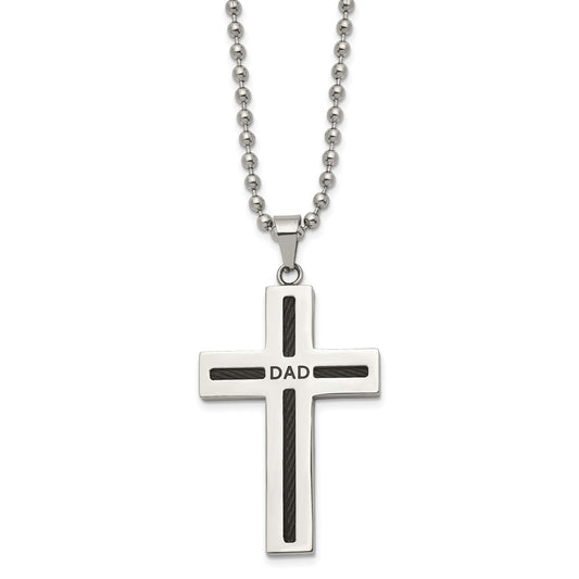 Stainless Steel Polished Black IP-plated Cable DAD Cross 24in Necklace