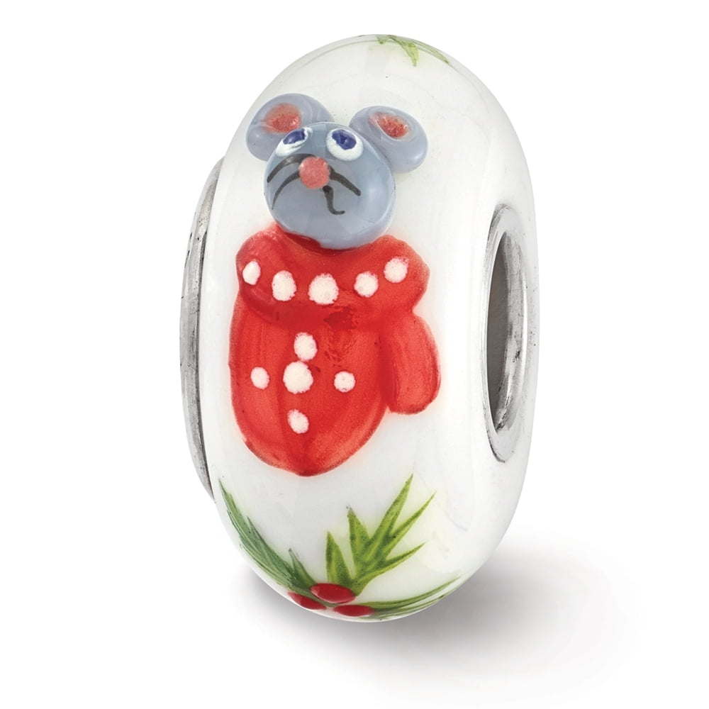 Finest Gold Sterling Silver Reflections Hand Painted Christmas Mouse Fenton Glass Bead