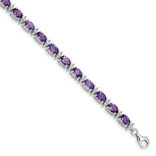 Sterling Silver Rhodium-plated Amethyst & White Topaz Bracelet 7 inches