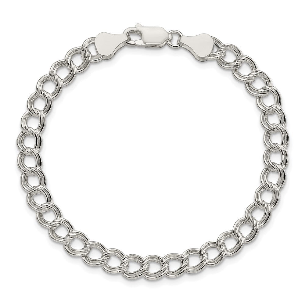 Sterling Silver 6mm Semi-Solid Double Link Charm Bracelet 7 inches