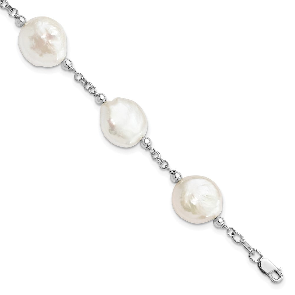 Sterling Silver Rhodium-plated 12-13mm White Coin Freshwater Cultured Pearl 6-Station 7.5 inch Bracelet 7.5 inches