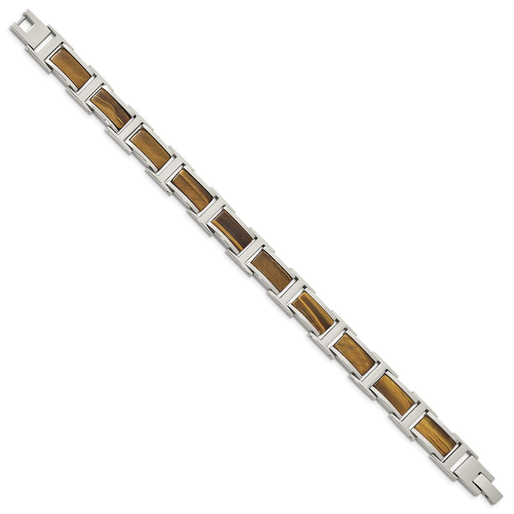 Stainless Steel Polished with Tiger's Eye Inlay 8.5in Link Bracelet 8.5 inches