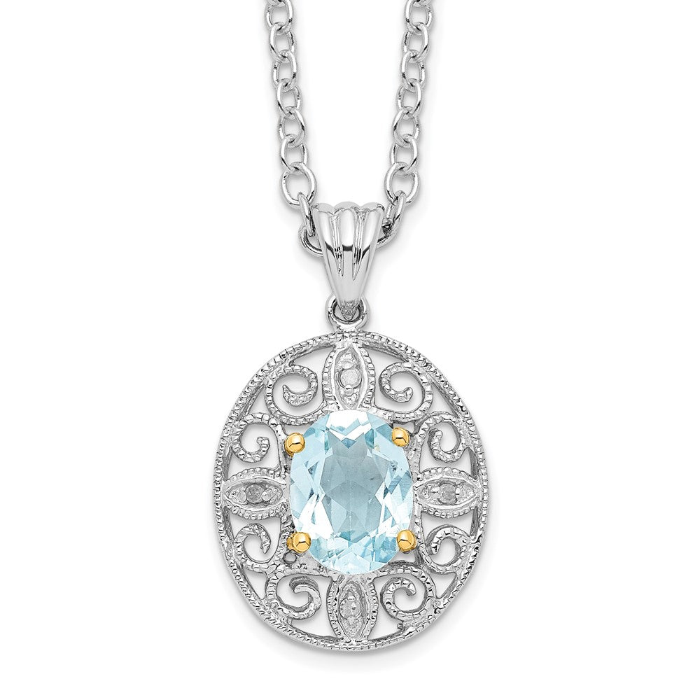 Brilliant Gemstones Sterling Silver with 14K Accent Rhodium-plated Sky Blue Topaz and Diamond 18 Inch Necklace with 2 Inch Extender 18 Inches