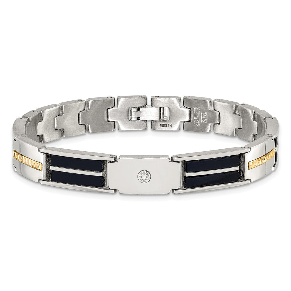 Chisel Stainless Steel Polished with Diamond-cut 14K Gold Accent and 1/20ct. Diamond with Black Enamel 8 inch Bracelet 8 inches