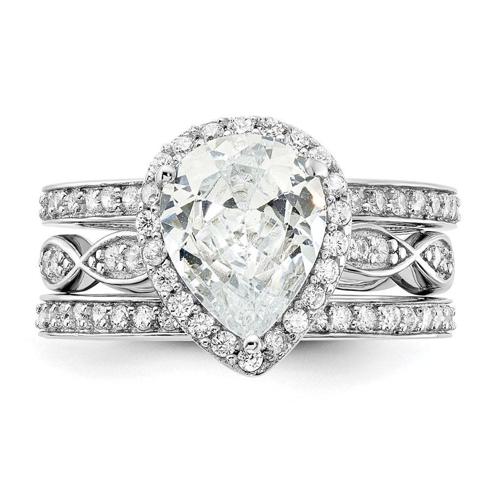 Cheryl M Sterling Silver Rhodium-plated Polished CZ Teardrop Halo 3 Ring Set