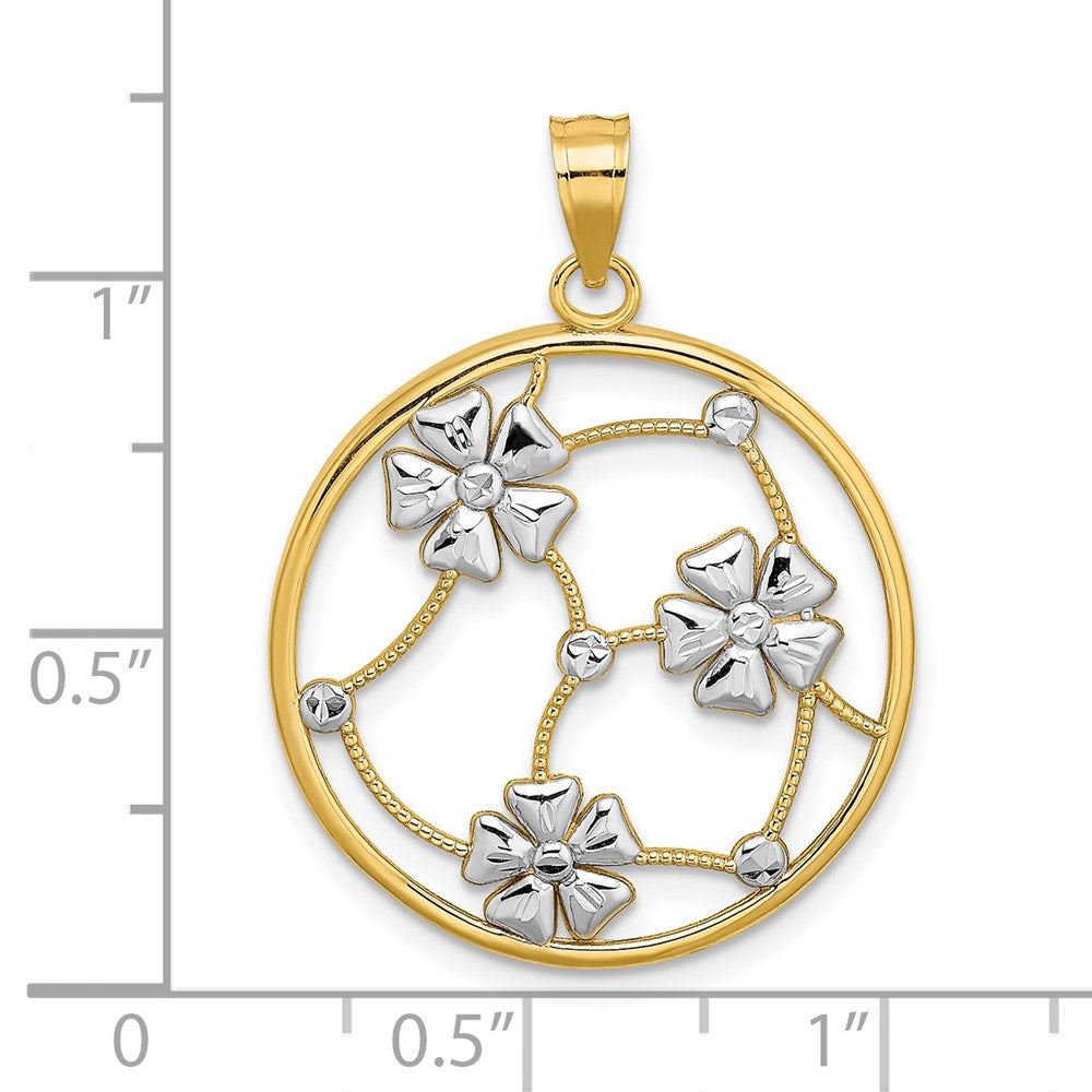 14k w/ White Rhodium Flowers In Beaded Round Frame Charm