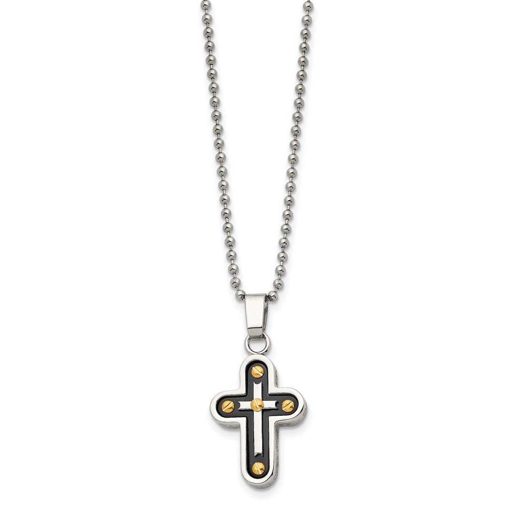 Stainless Steel Polished Black and Yellow IP-plated Cross 22in Necklace