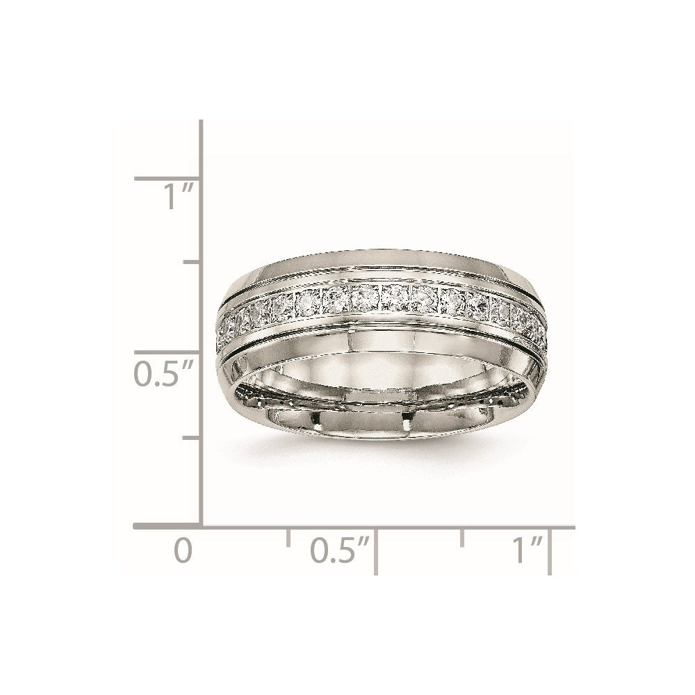 Stainless Steel Polished and Grooved w/CZ 8mm Half Round Band Size - 12