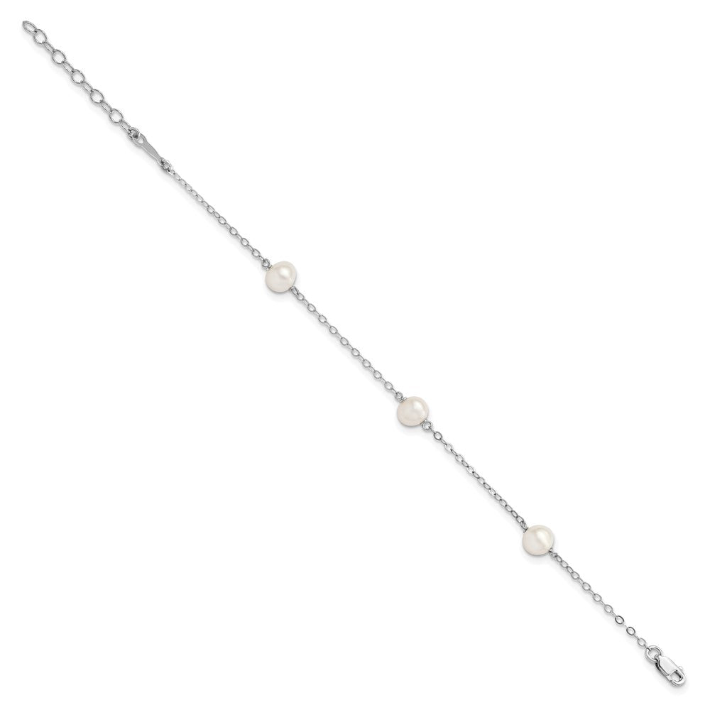 Sterling Silver Rhodium-plated 5-6mm White Freshwater Cultured Pearl 3-Stations 5.5 inch with 1 inch Extension Bracelet 5.5 inches