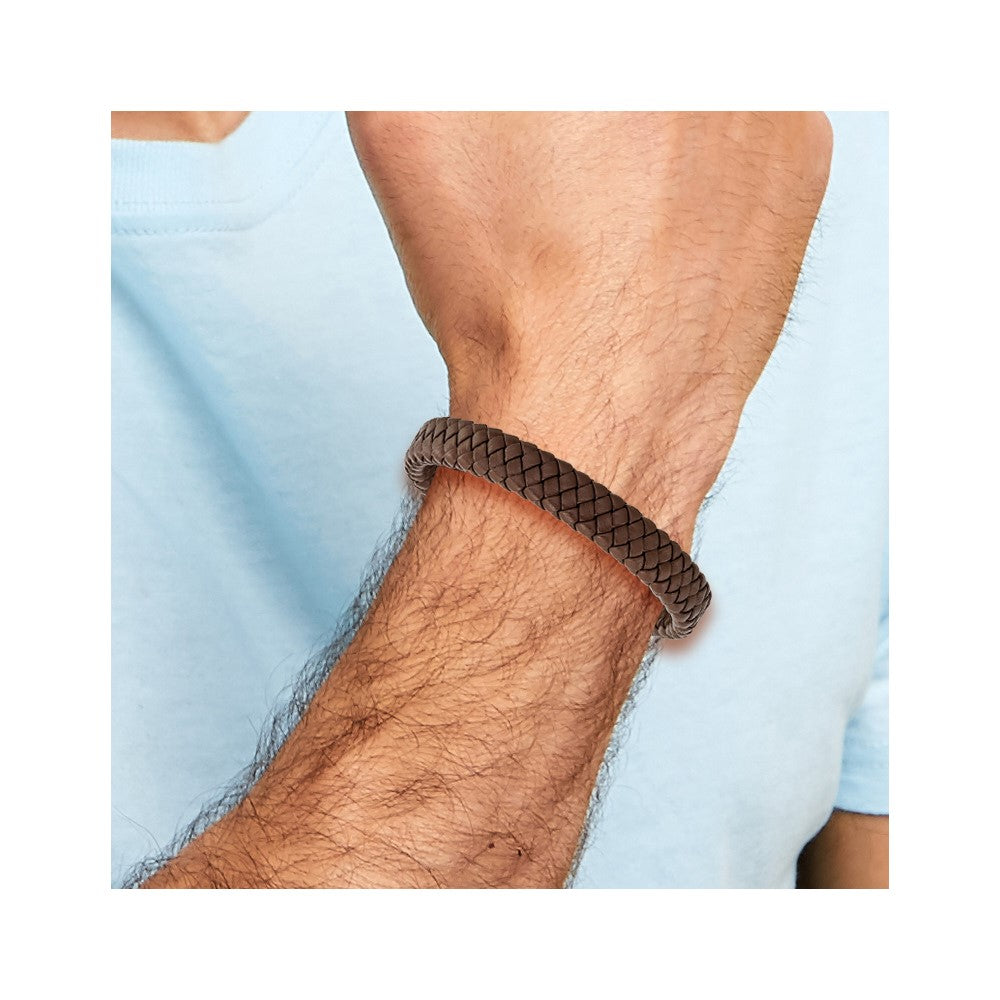 Stainless Steel Polished Braided Brown Leather 8.5in Bracelet 8.5 inches
