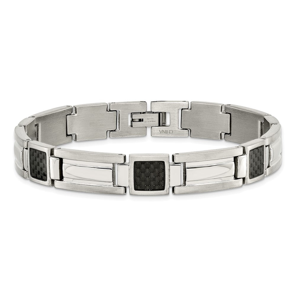 Stainless Steel Polished Black Carbon Fiber Inlay 8.75in Bracelet 8.75 inches