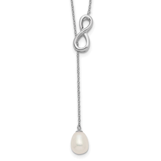 Sterling Silver Rhodium-plated 7-8mm White Teardrop Freshwater Cultured Pearl Infinity Lariat Drop 24 inch Necklace 24 Inches