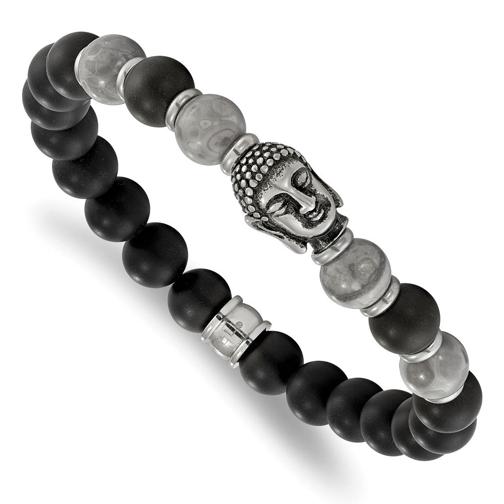 Stainless Steel Antiqued Buddha Black Agate/Grey Jasper Stretch Bracelet 7.25 inches