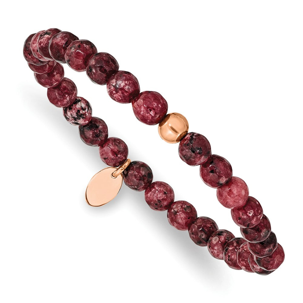 Stainless Steel Polished Rose IP-plated Red Jade Stretch Bracelet 6 inches