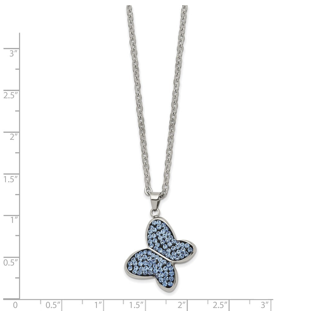 Stainless Steel Polished Blue Crystal Butterfly 22in Necklace