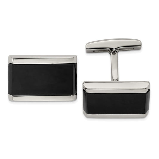 Primal Steel Stainless Steel Polished Black Onyx Rectangle Cuff Linkss