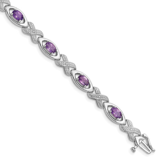 Sterling Silver Rhodium-plated Diamond & Amethyst Bracelet 7.5 inches