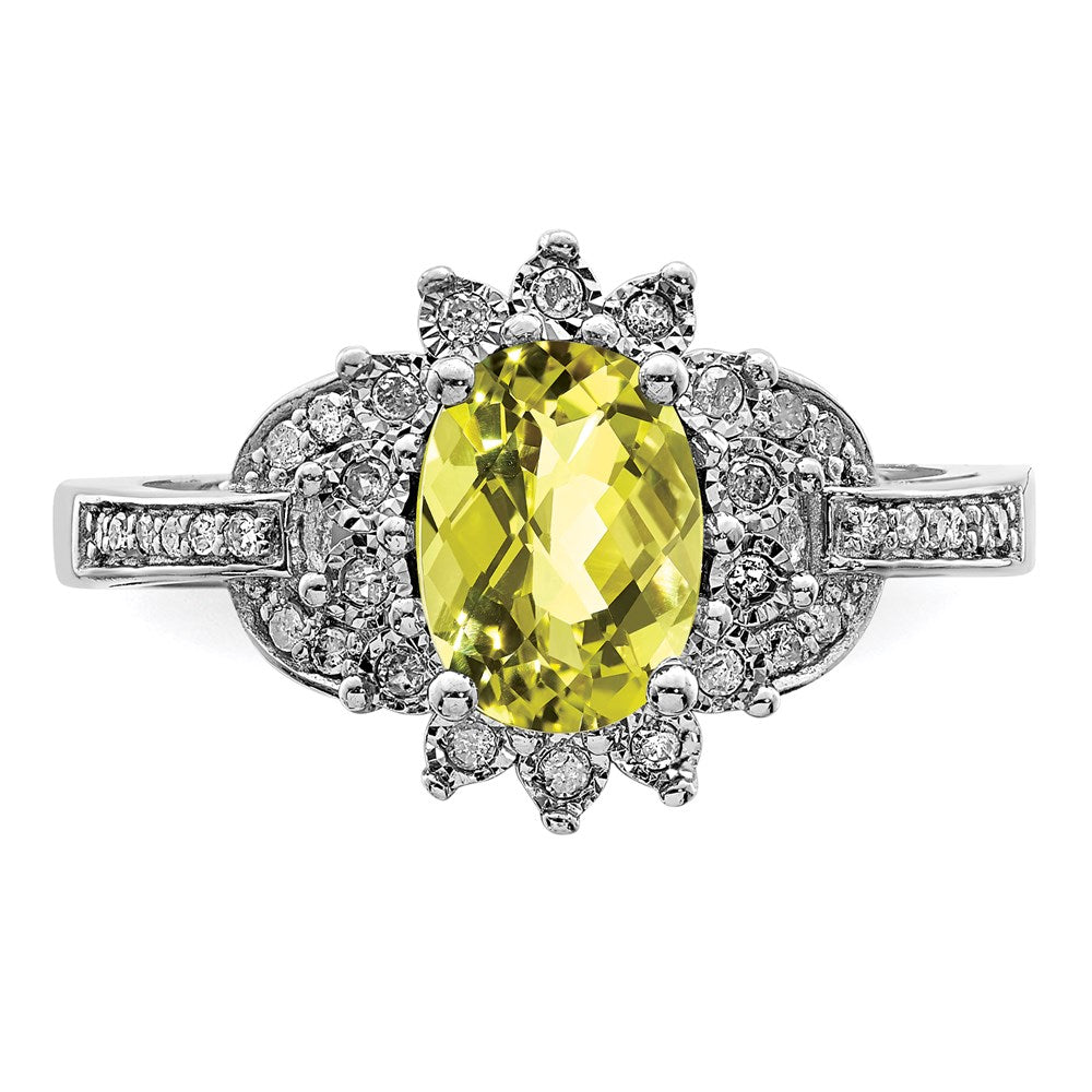 Sterling Silver Rhodium Diam. & Oval Checker-Cut Lemon Quartz Ring