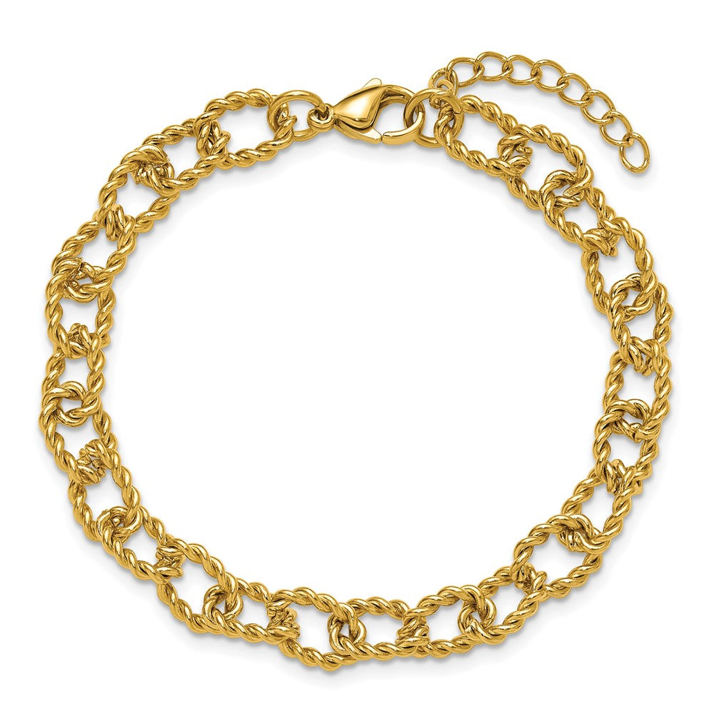 Chisel Stainless Steel Polished and Textured Yellow IP-plated Open Link 7 inch Plus a 1 inch Extension Bracelet 8 inches