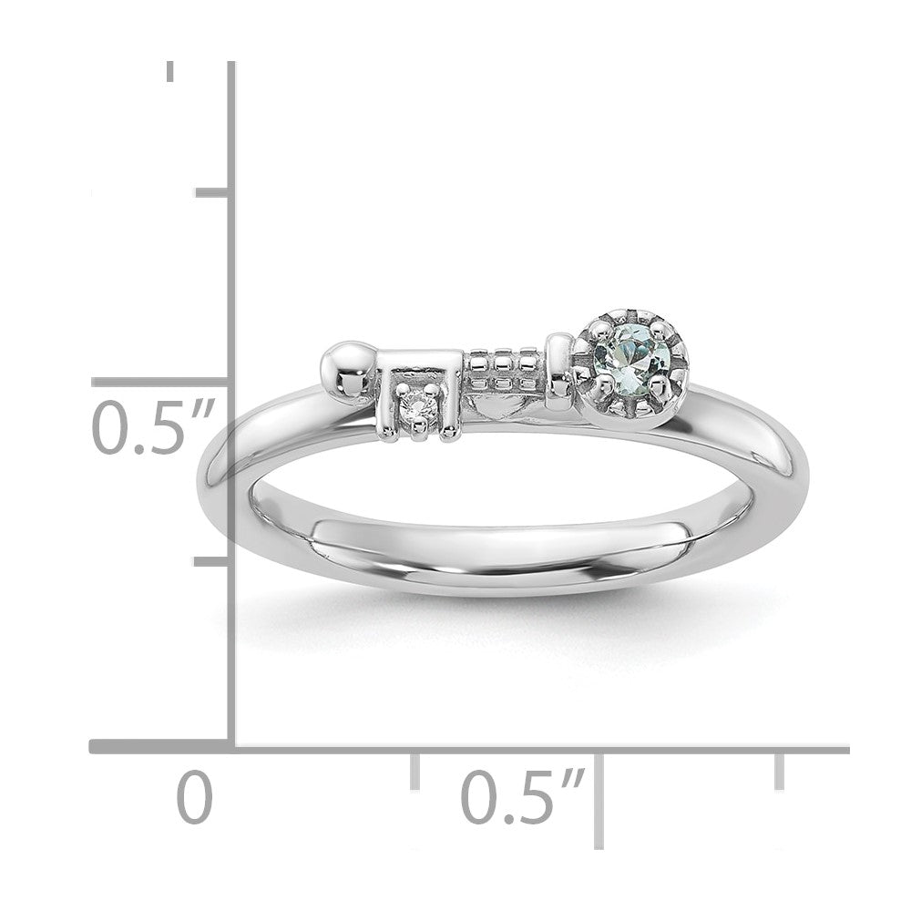 Sterling Silver Stackable Expressions Rhodium-plated Aquamarine and White Topaz Key Ring Size -6