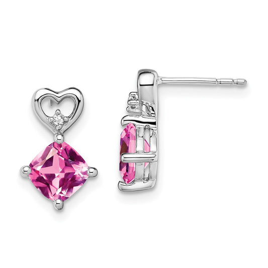 14k White Gold Created Pink Sapphire and Diamond Heart Earrings