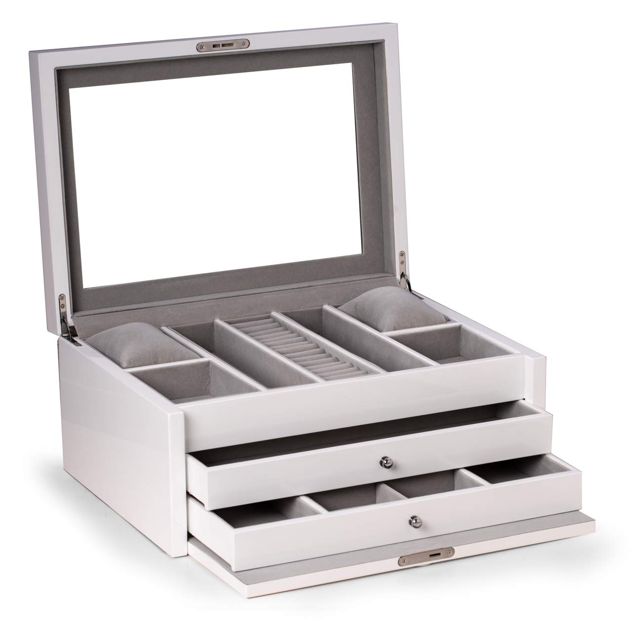 White Lacquer Large Jewelry Chest w/ Multi-Comparment