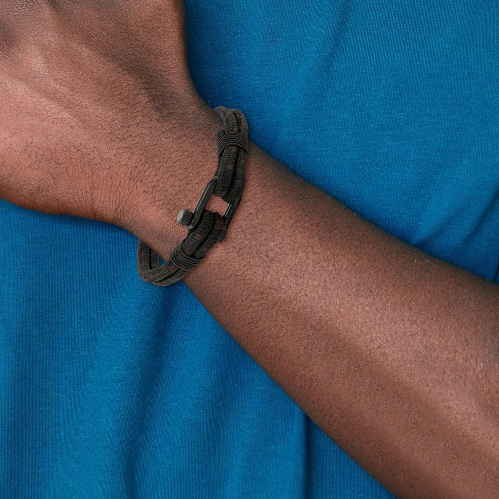 Stainless Steel Polished Black IP-plated Woven Nylon Cotton Bracelet