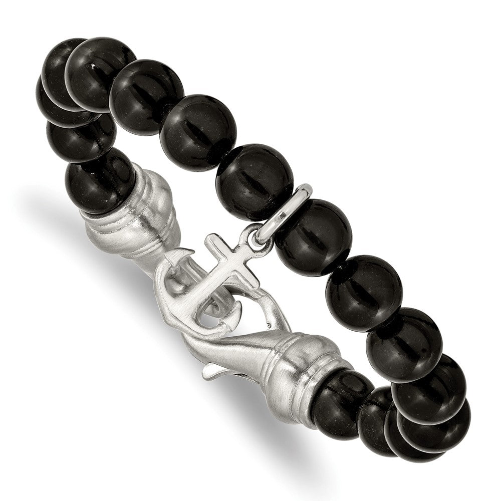 Stainless Steel Brushed Black Agate Beaded 8in Anchor Bracelet 8 inches