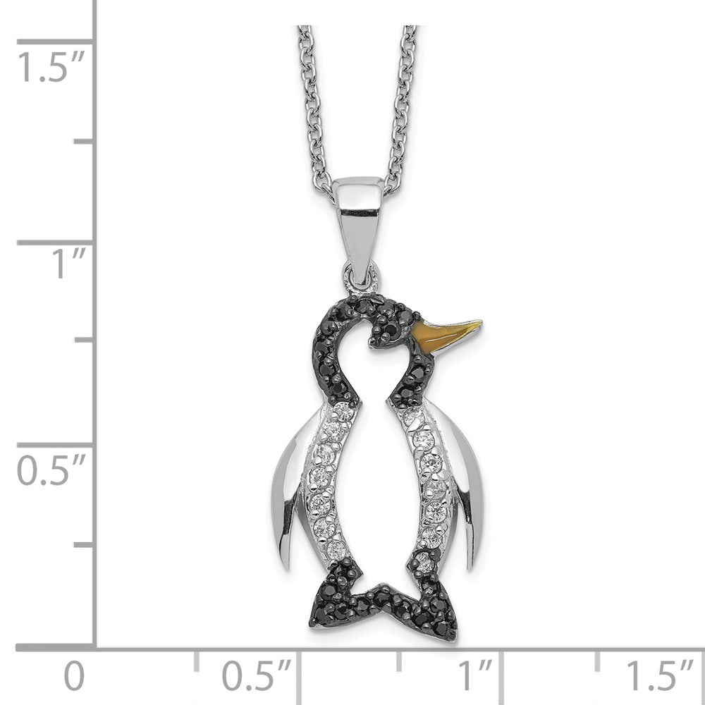 Cheryl M Sterling Silver Rhodium-plated with Black Rhodium Accent Enameled Brilliant-cut Black and White CZ Penguin 18 Inch Necklace 18 Inches