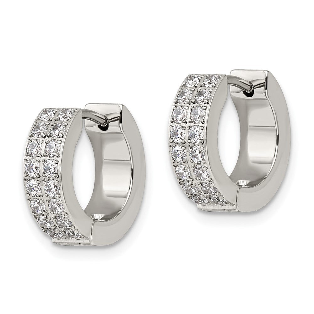Stainless Steel Polished with 2 Rows of CZ 2.3mm Hinged Hoop Earrings