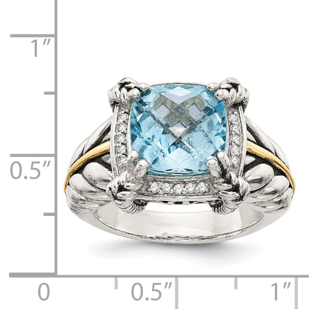 Shey Couture Sterling Silver with 14K Accent Antiqued Checkerboard Cushion Sky Blue Topaz and Diamond Ring