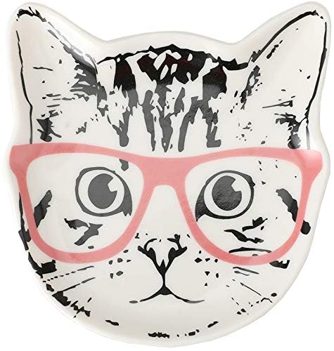 Cat with Pink Glasses Ceramic Trinket Plate and Decorative Jewelry Dish